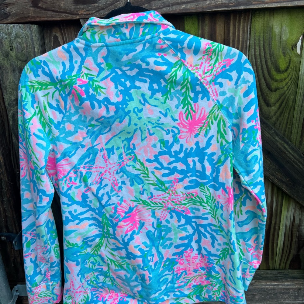 Lilly Pulitzer Coral Reef Print Quarter-Zip Pullover in Blue, Pink, Green - Picture 2 of 7